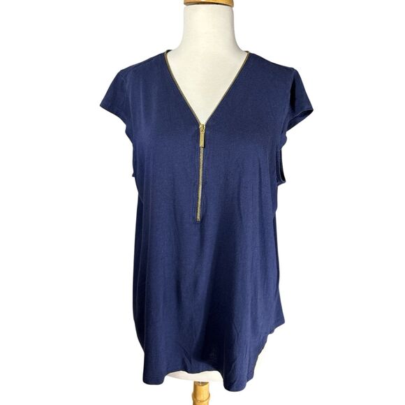 Michael Kors Navy Blue Zipper Edge V-neck Jersey Knit Top Sz XL - Picture 1 of 7
